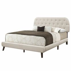 Queen Size Contemporary Upholstered Bed Frame with Padded Diamond Tufted Headboard and Brown Wood Legs - Beige Linen Look