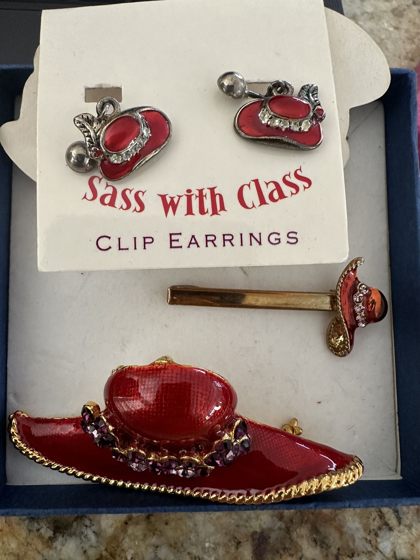 Ladies “Red Hat” Earrings, Brooch & Pin Set
