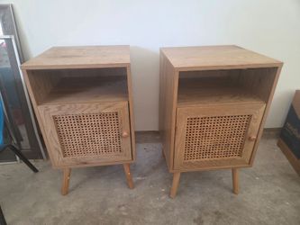 ​Set of 2 Boho Mid-Century Nightstands – Cane Rattan Door & Open Shelf