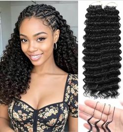 Black Deep Wave Feather Tip Crochet Braids, 100 Strands Synthetic Pre-Looped Crochet Hair, Soft Curly Braiding Hair Extensions for Black Women (1B, 16
