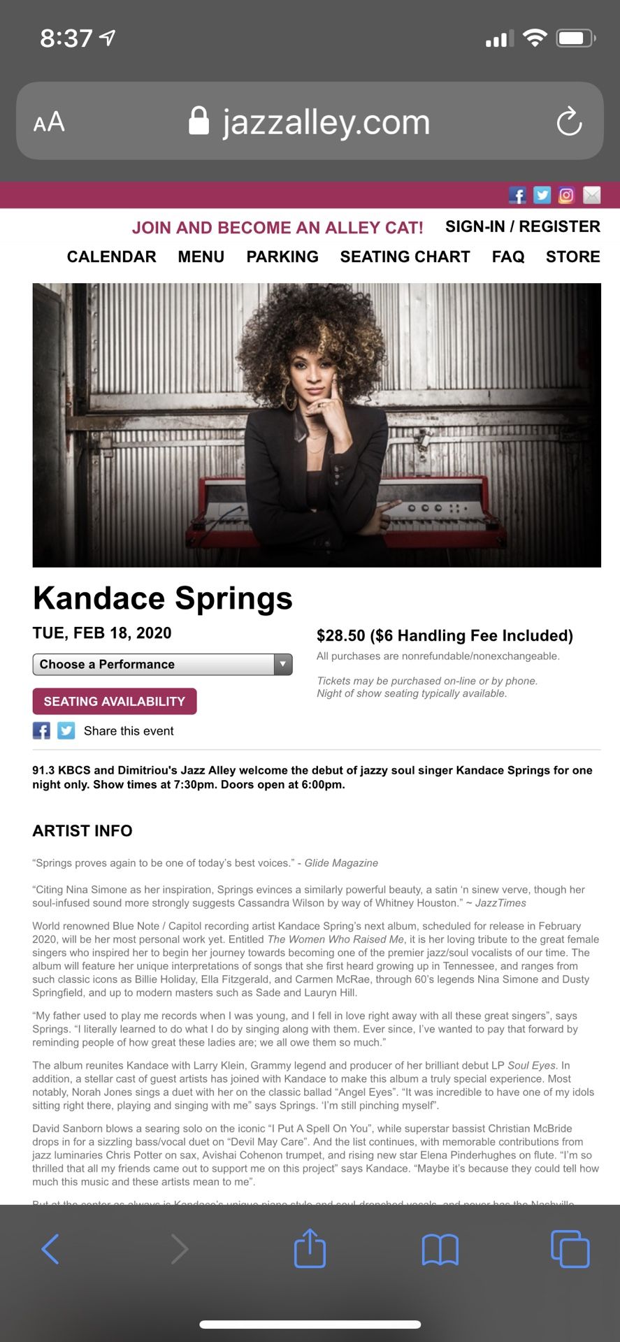 Ticket to jazz alley- Kandace Springs 2/18