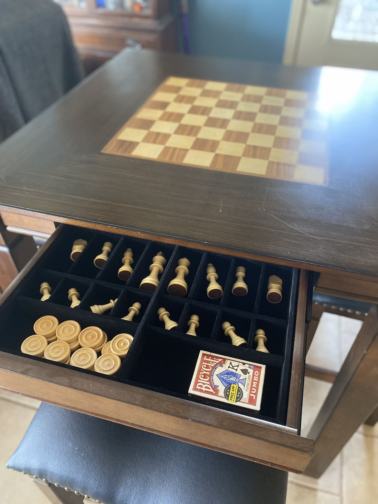 Game Table With Full Chess And Checkers Sets