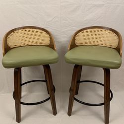 (2) Youugior 26” Mid-Century Modern Swivel Rattan Bar Stool Chairs (Walnut/Green)