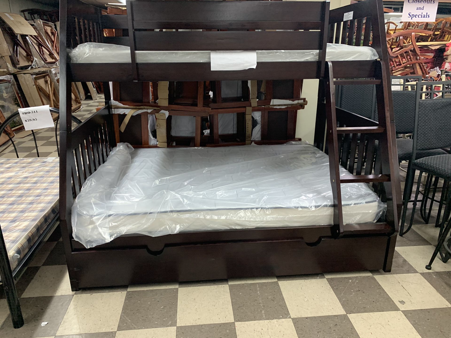 NEW FULL OVER TWIN BUNK BED WITH TRUNDLE BED AND ALL MATTRESS INCLUDED NEW