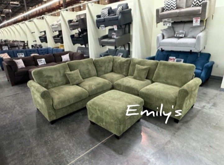 Elegant 4-Pc Corduroy Sectional Sofa W/Ottoman Brand New 