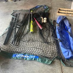 Batting Net Two Metal Bats And One Plastic