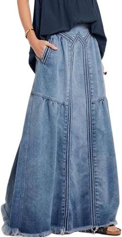 Ebossy Light Wash Denim Maxi Skirt Western Yoke Frayed Hem Elastic Waist Large