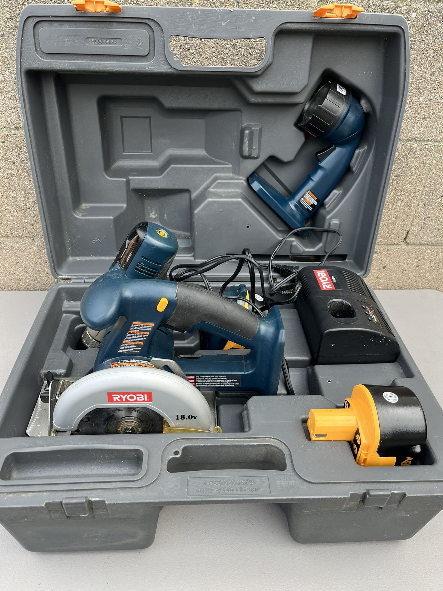 Ryobi 18v Cordless Drill, Circular Saw Light, Battery Charger in original box