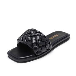 DREAM PAIRS Women's Square Open Toe Slide Sandals Cute Slip On Braided Strap Rhinestone Flat Sandals For Summer,Size 9,BLACK/WEAVE,SDSS2212W