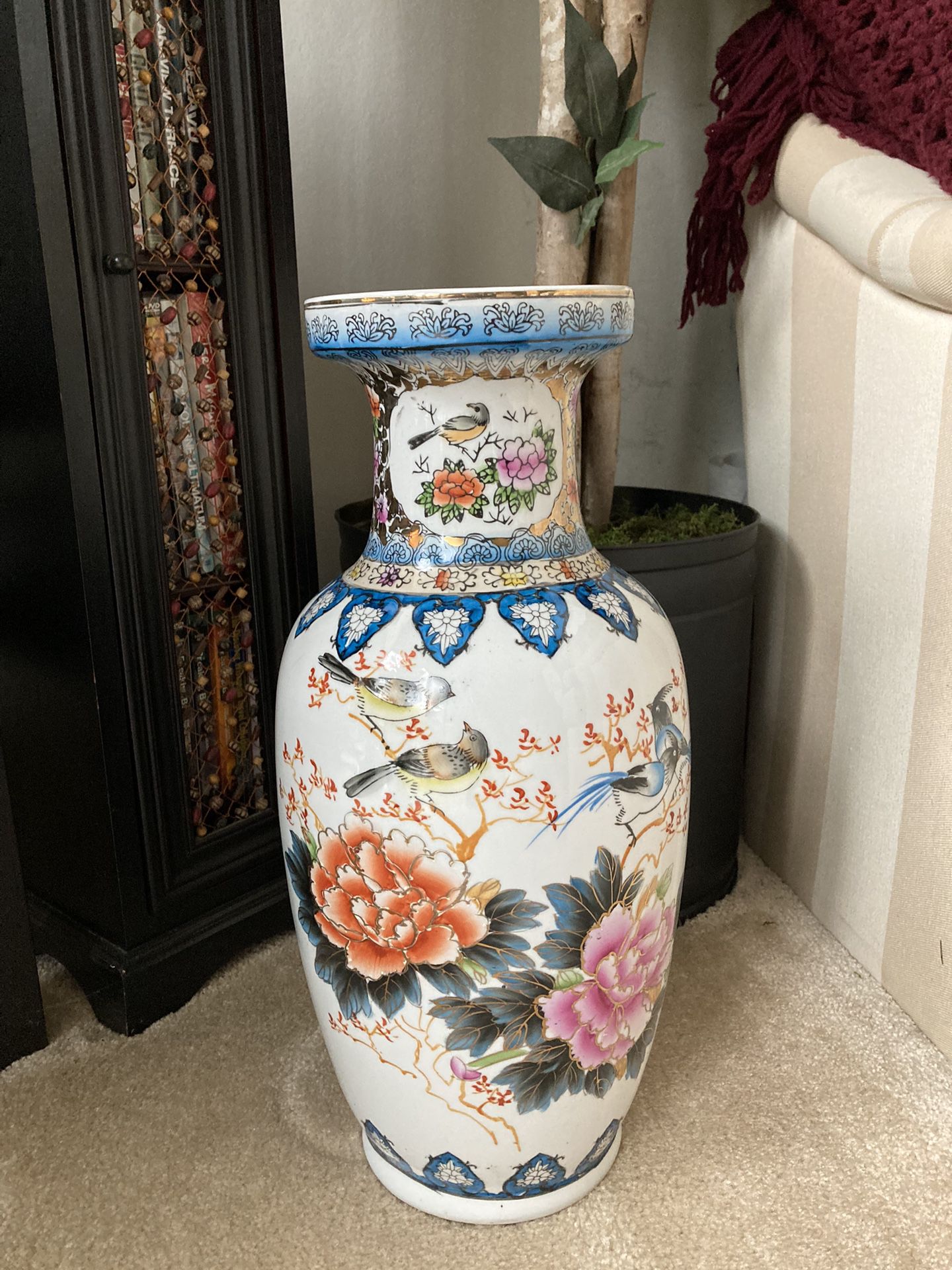 Vase 18” Vintage Porcelain Asian Inspired Tall Vase Pot