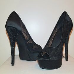 BEBE Lace Peeptoe Pumps, US 7
