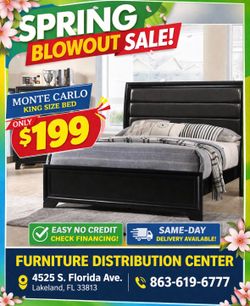Memorial Day sale. Monte Carlo black king size bed only $199. Easy finance option. Same-day delivery.