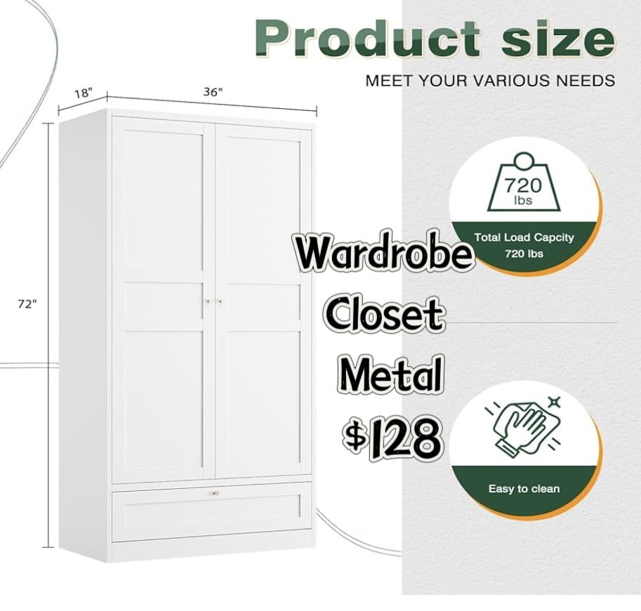 😀 72”H Letaya Wardrobe Closet,Clothing Storage Cabinet with Storage Drawer, Metal Storage Cabinet with Adjustable Shelves and Hanging Rod,Bedroom Arm