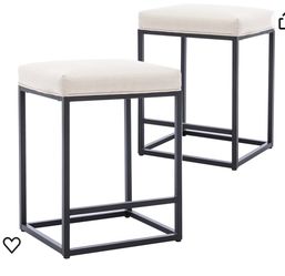 Set of 2 Bar Stools Counter Height Stools, 24" Modern Linen Upholstered Stools with Black Metal Base for Kitchen Island Bar Pub Bistro, Cream