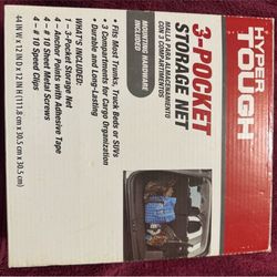 Hyper Tough 3-pocket storage net for trunks and SUVs. Durable and long-lasting