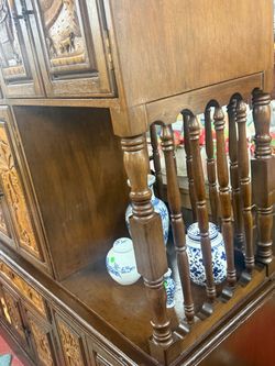 Rare Vintage Hand-Carved Tropical / Island Scene Solid Wood Hutch & China Cabinet