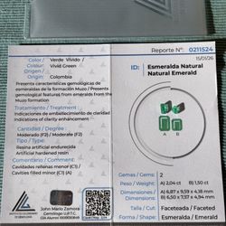 2,04ct. 1,50ct Emerald Cut Certified F2 (Muzo) Colombian Emerald Loose Gemstone