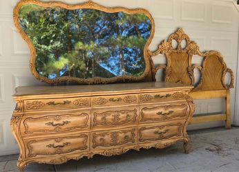 Vintage French Provincial / Louis XV Large Serpentine Dresser, Ornate Mirror & King Headboard