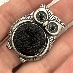 Silver Tone Owl Black Beaded Adjustable Ring 