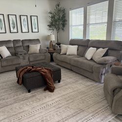 Electric High Back Grey/Brown Power Reclining Couch Sofa And Power Reclining Loveseat 