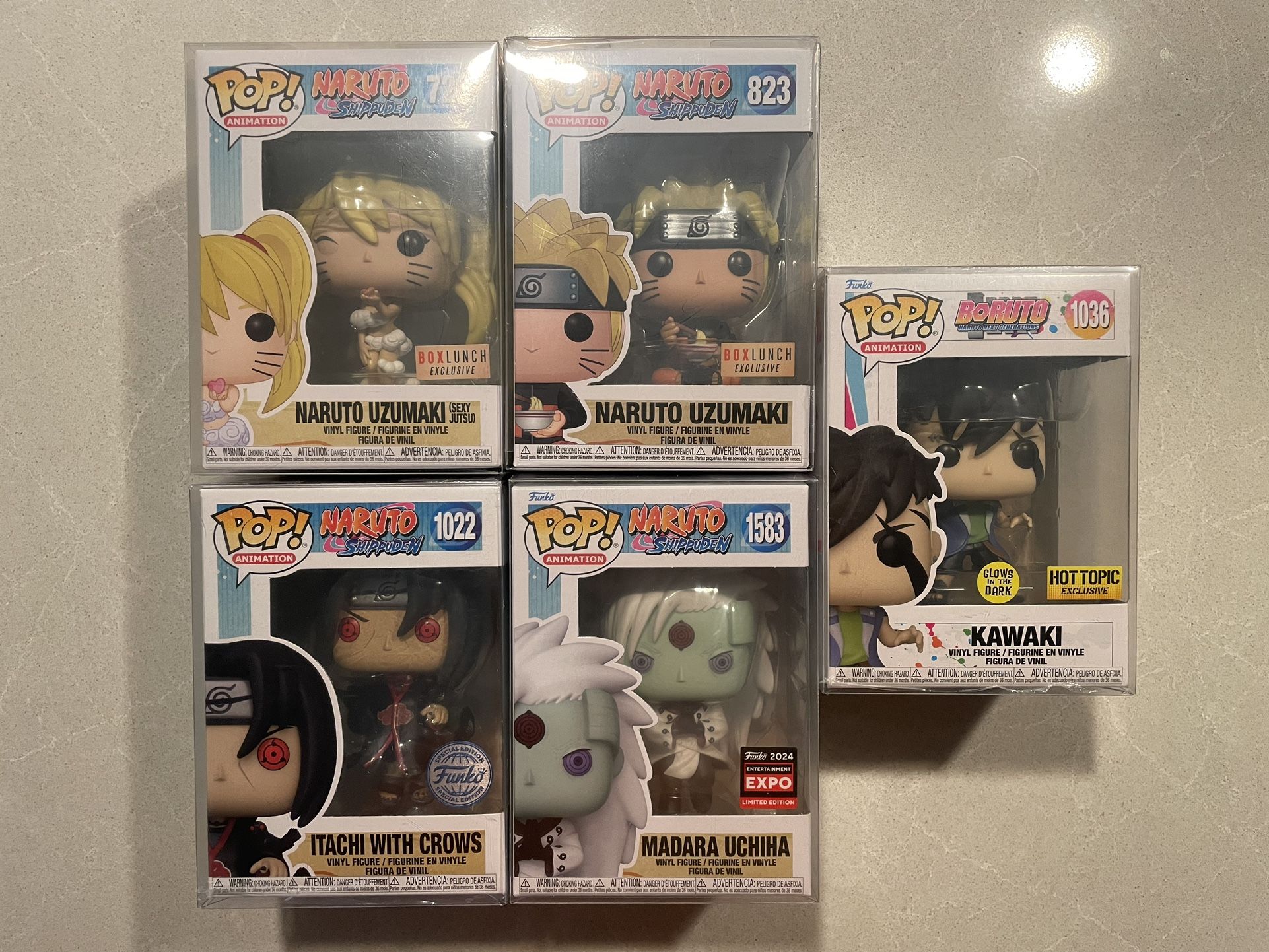 Naruto Funko Pop Set Madara Itachi Crows Sexy Jutsu Shippuden 1025 with protectors 2024 C2E2 BoxLunch Hot Topic GameStop Exclusive Noodles Kawaki 179
