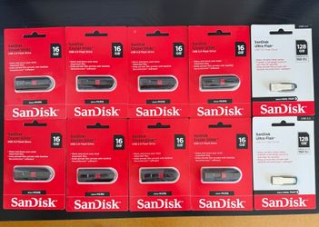 New Sealed SanDisk USB Flash Drives – 10 Total (16GB & 128GB)