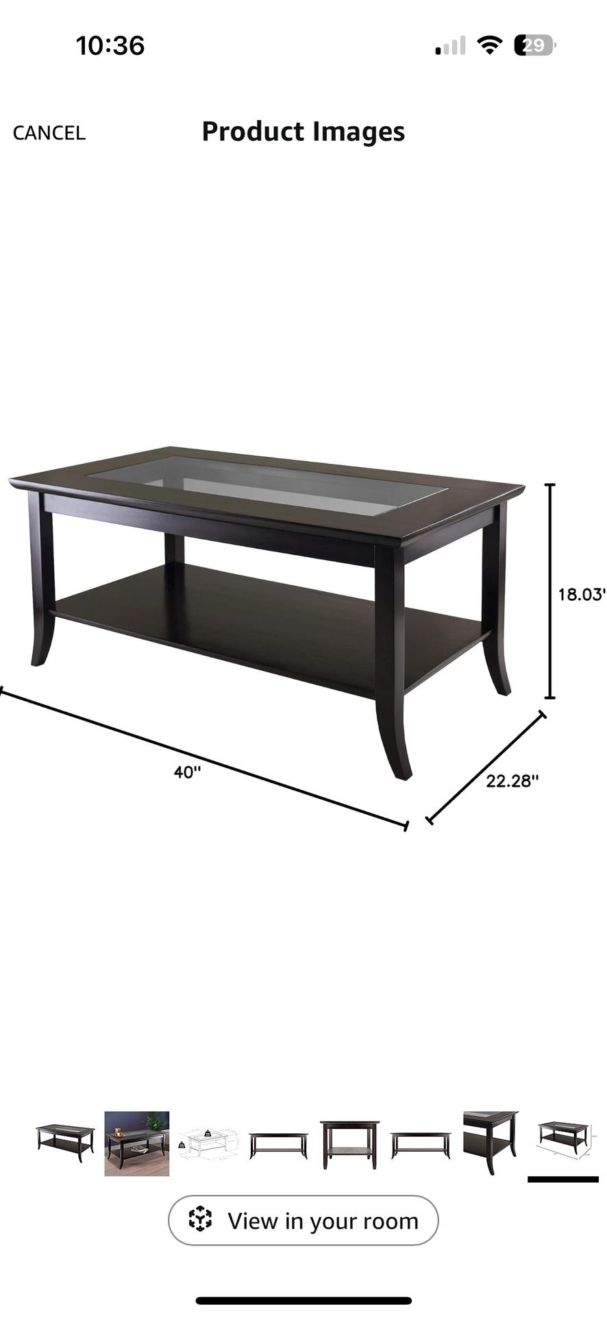 Wood Coffee Table with Glass Top and Lower Shelf - 40”x22”