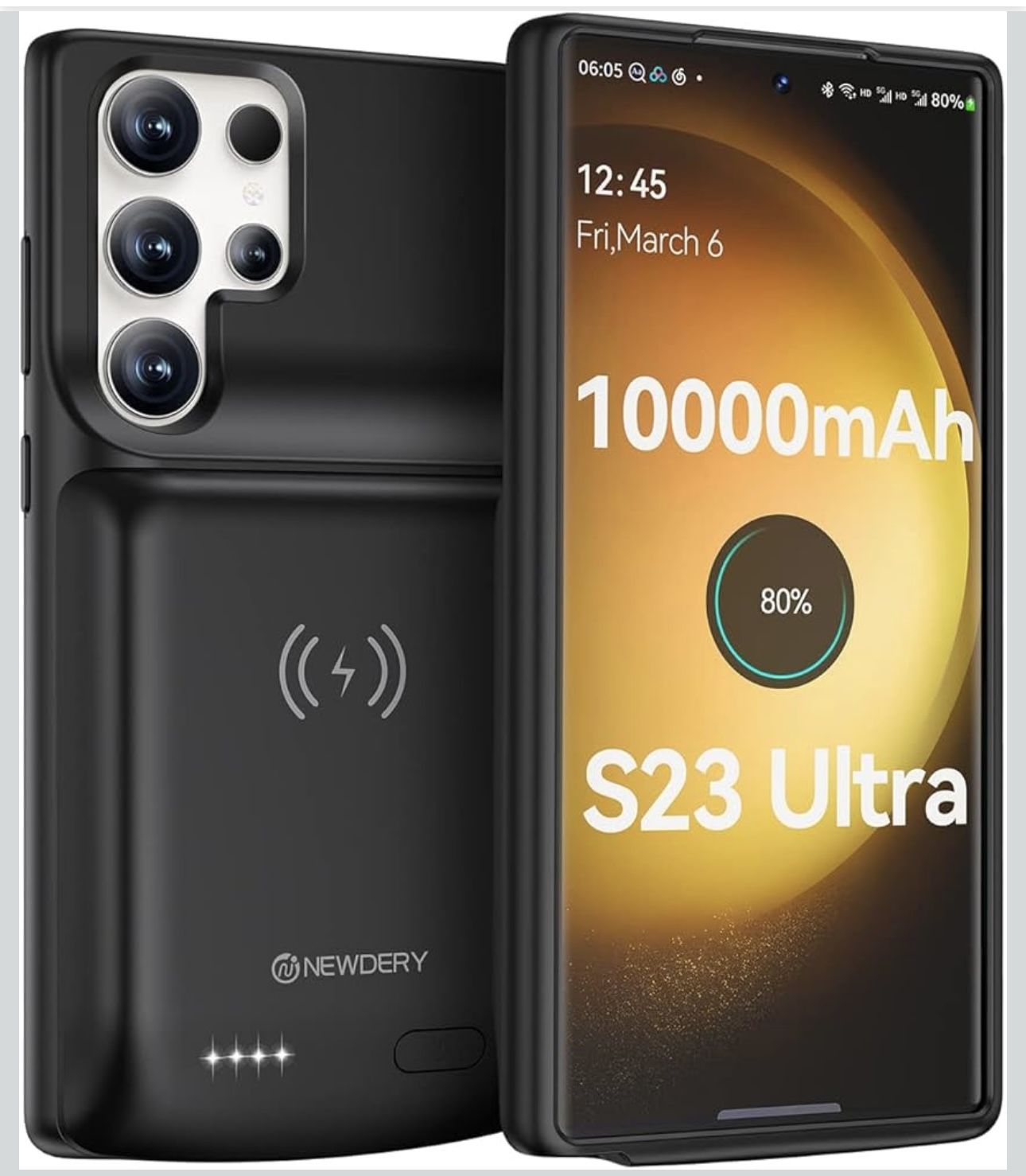 NEWDERY Galaxy S23 Ultra Battery Case 10000mAh, Qi Wireless Charging, Fast Charging, Sync Data Supported, Powerful Portable Rechargeable Charger Case 
