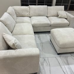 $0 Down!  New Corduroy Fabric Sectional.  Off White / Beige.  99” X 99”.  Free Delivery!