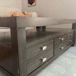 Dark Wood Coffee Table with Glass Top and Drawers