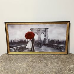 Framed Brooklyn Bridge Romantic Couple Painting – Black & White with Red Umbrella