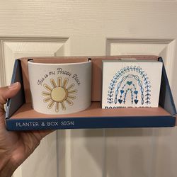 Seeds & Sunshine Planter And Box Sign | Inspirational Ceramic Box Set | Indoor | Flowers, Plants, Succulents | 4.5” Inch
