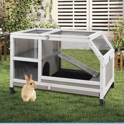 36''L Rabbit Hutch Outdoor with Casters and Run, Wooden Indoor 2 Story Guinea Pig Cage with Divider Panel, Pull Out Tray, Rabbit Duck Bunny House for 
