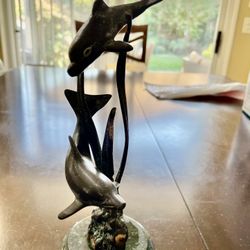 Vintage SPI Two Dolphins Among Seagrass Brass Sculpture Marble Base Ocean Decor