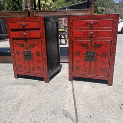 2 Night Stands End Tables Red Black Asian Oriental Vintage 