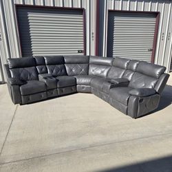 Gray Leather Reclining Sectional Sofa