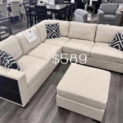 Gorgeous Beige 4-Pc Sectional Sofa Set W/Ottoman & Built In Shelf