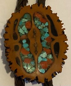 Vintage Metal Bolo Tie, Nice Brown Stone Design with Blue Crushed Turquoise Stones, Nice Western Design, 1 1/2" x 1", Quality, Heavy Duty, Made in USA