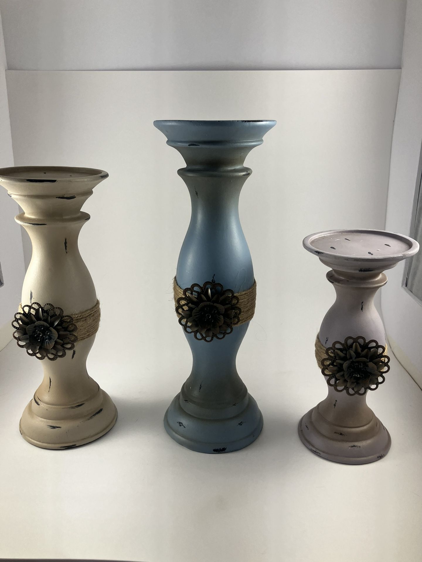 Set of 3 Shabby Chic Distressed Candlestick Holders Pastel Colors Flower Rope Accents Vintage Farmhouse Decor