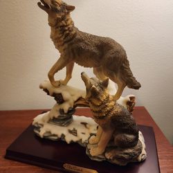Vintage De Capoli Collection  Wolf On Snowy Rocks 11" X 6  Plus Leopard Face With BabyAnd Wolves Clock Eagle Statue.