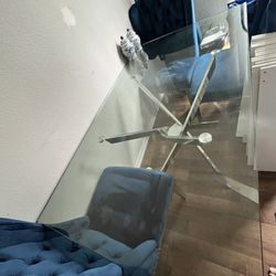 Glass Table With Silver Metal Legs + 4 Blue Chairs To The Set