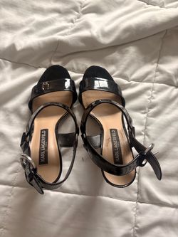 Karl Lagerfeld Black Patent Ankle Strap Heels