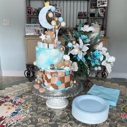 Boy Fake Baby Shower Cake With Glass Cake Stand