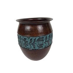 Rustic Decorative Metal Pot Jar Metal Brown & Teal 10-1/2"