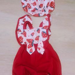 Baby Girl Strawberry Print Ruffle Bow Cross Strap Romper + Hat Set