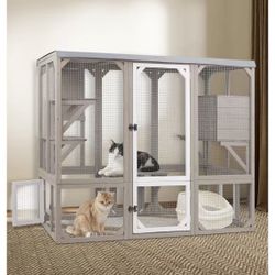 Outdoor Cat Enclosure Cat House, Cat Cage Condo Indoor Playpen Kitty House Shelter with Multi Platforms, Waterproof Roof, Pull-Out Tray (59" L x 27.5"
