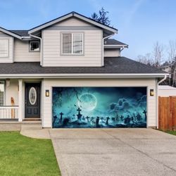 16FTx7FT Halloween Garage Door Decoration Banner - Full Moon Graveyard Backdrop for Outdoor Indoor Party Decor - Cemetery Terrain/Scenery 