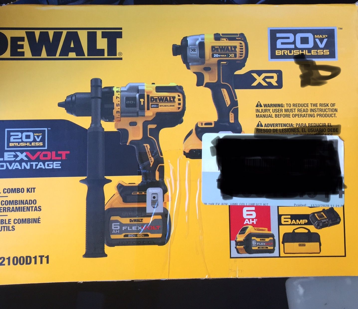 DeWalt 20V FlexVolt Hammer Drill Combo Kit W. 6ah & 6amp Battery &