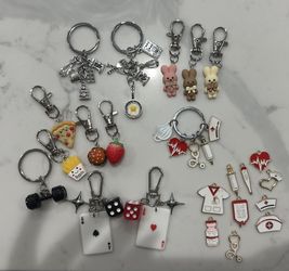 Key chains baking, cooking, dumbbell, ace card dice, pizza, burger, strawberry, bunny, fries, nurse