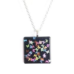 Colorful square butterfly glitter pendant on 20" silver necklace new resin